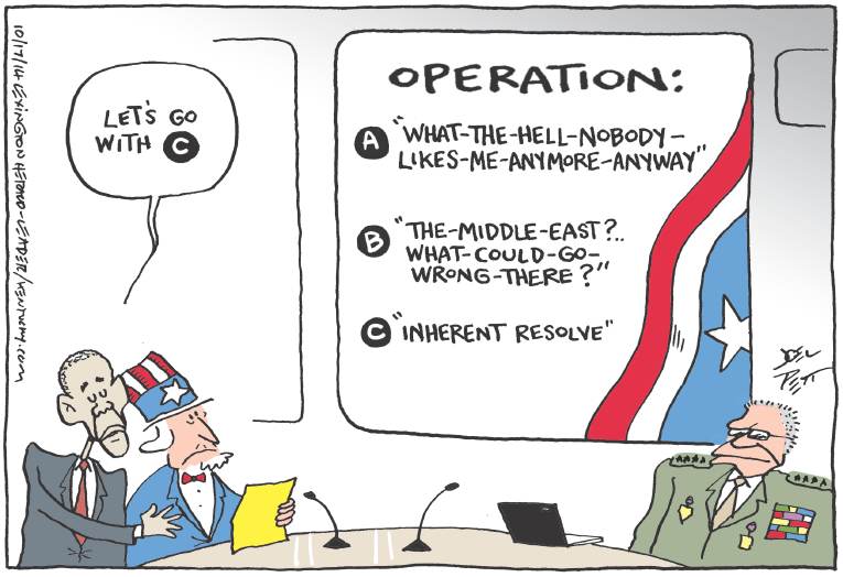 Political/Editorial Cartoon by Joel Pett, Lexington Herald-Leader, CWS/CartoonArts Intl. on Bombing of ISIS Intensifies
