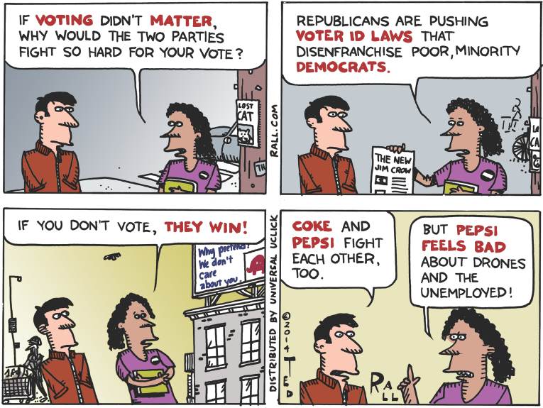 Political/Editorial Cartoon by Ted Rall on Low Voter Turnout Expected