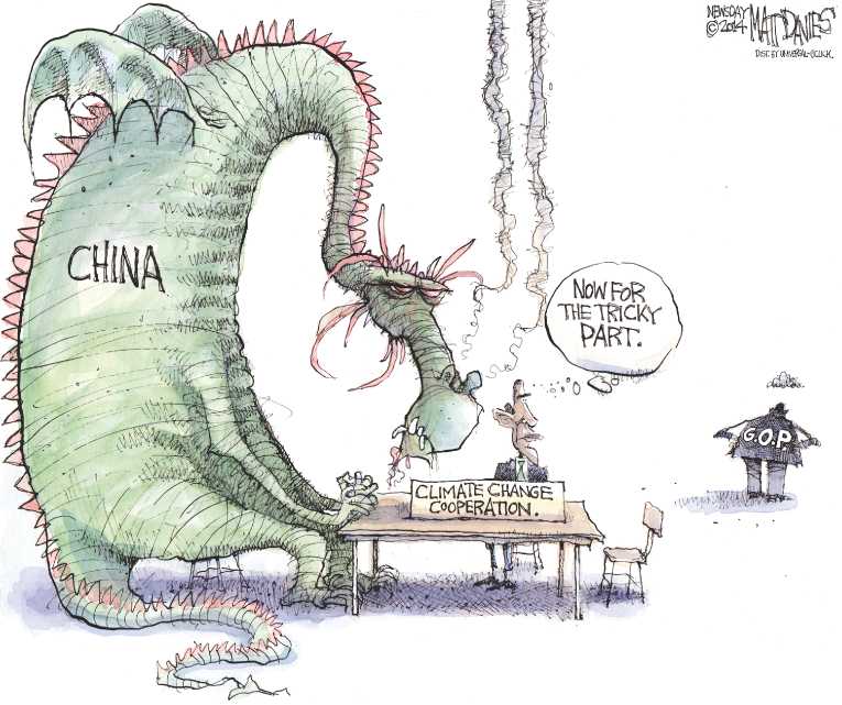 Political/Editorial Cartoon by Matt Davies, Journal News on US, China Reach CO2 Agreement