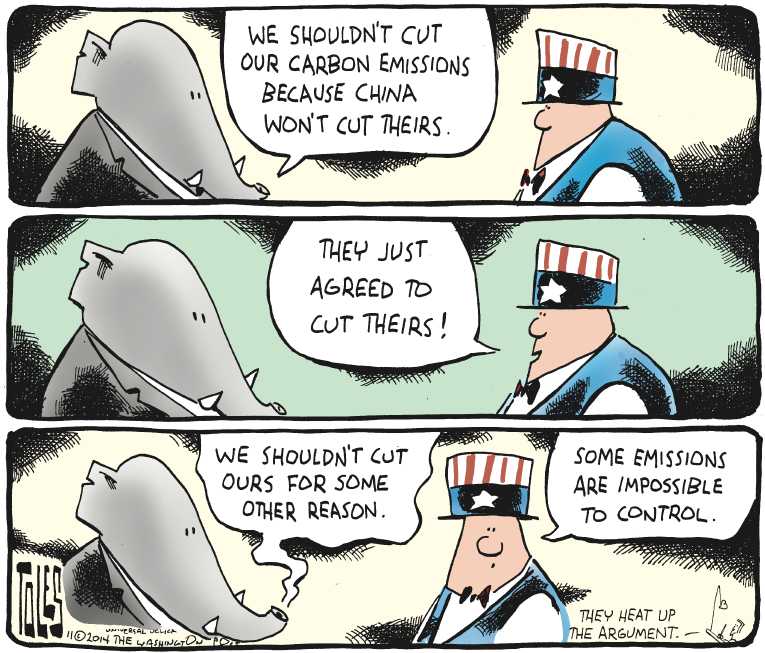 Political/Editorial Cartoon by Tom Toles, Washington Post on US, China Reach CO2 Agreement