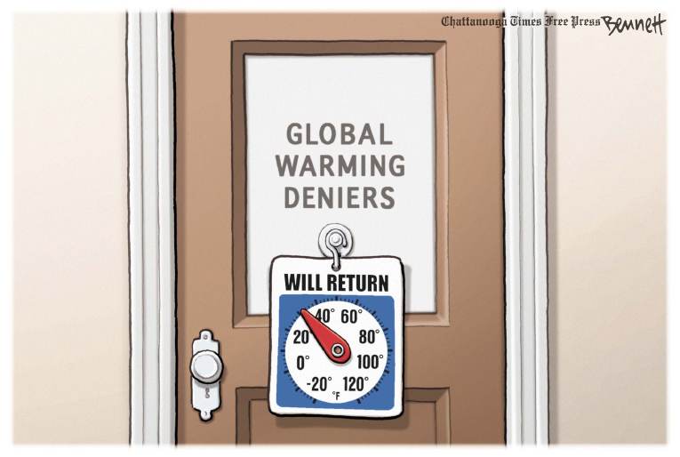 Political/Editorial Cartoon by Clay Bennett, Chattanooga Times Free Press on Record Cold, Record Snow Blast US
