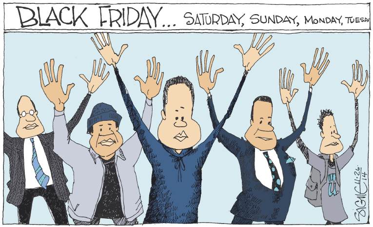 Political/Editorial Cartoon by Signe Wilkinson, Philadelphia Daily News on No Indictment for Wilson