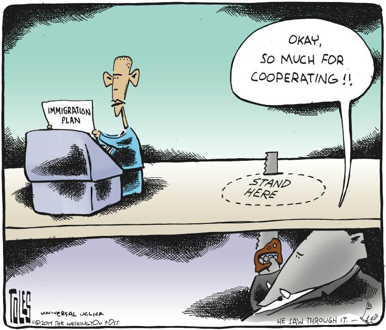 Political/Editorial Cartoon by Tom Toles, Washington Post on Obama Defies Republicans