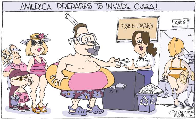 Political/Editorial Cartoon by Signe Wilkinson, Philadelphia Daily News on Obama Normalizes Cuba Relations