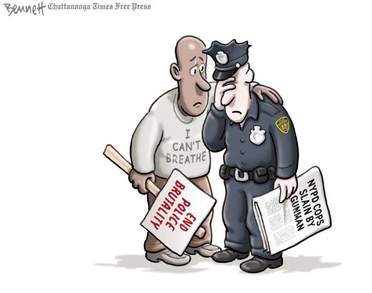 Political/Editorial Cartoon by Clay Bennett, Chattanooga Times Free Press on Two Cops Gunned Down