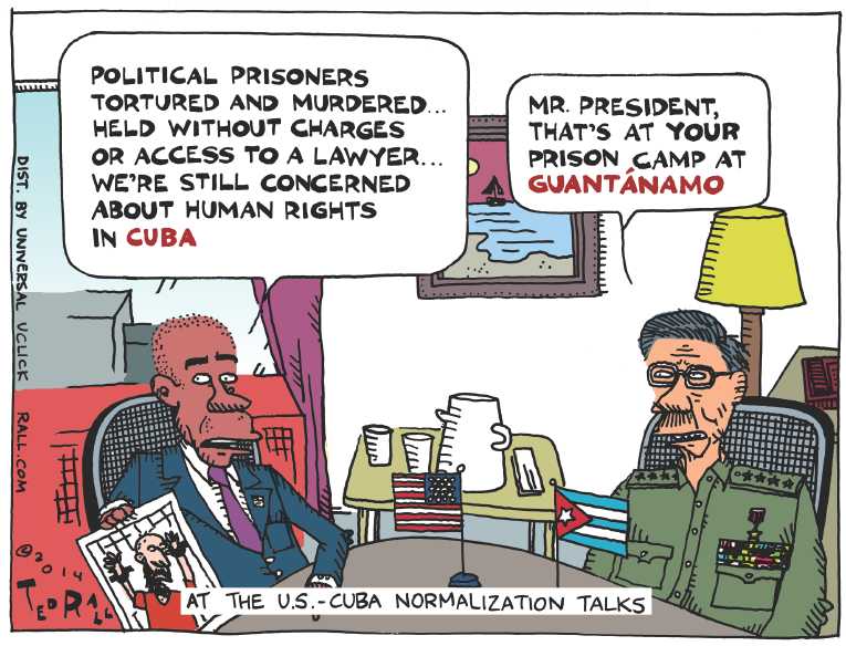 Political/Editorial Cartoon by Ted Rall on US/Cuba Details Evolving