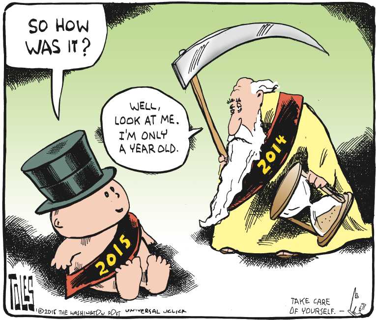 Political/Editorial Cartoon by Tom Toles, Washington Post on Americans Welcome in New Year