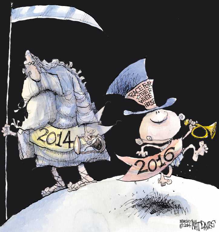 Political/Editorial Cartoon by Matt Davies, Journal News on Americans Welcome in New Year