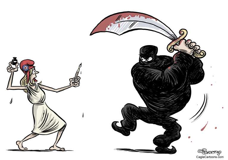 Political/Editorial Cartoon by Martin “Shooty” Sutovec, SME, Slovakia on Massacre at Magazine Kills 12