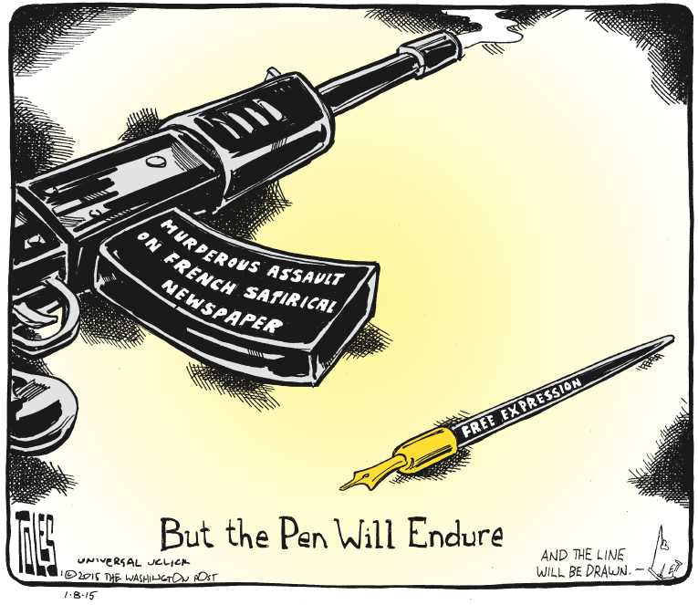Political/Editorial Cartoon by Tom Toles, Washington Post on Massacre at Magazine Kills 12