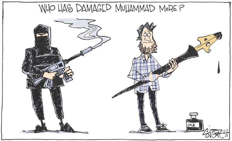 Political/Editorial Cartoon by Signe Wilkinson, Philadelphia Daily News on Massacre at Magazine Kills 12