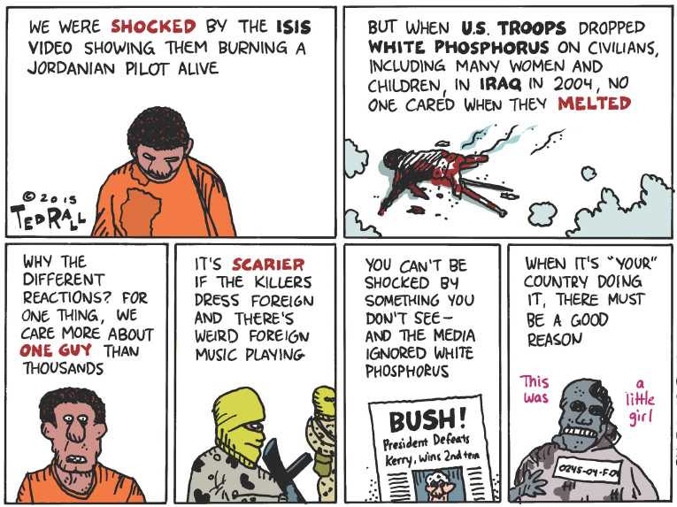 Political/Editorial Cartoon by Ted Rall on Death Toll Mounts