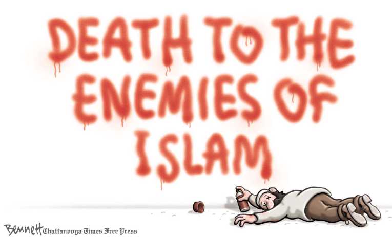 Political/Editorial Cartoon by Clay Bennett, Chattanooga Times Free Press on ISIS’ Tactics Questioned