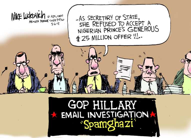 Political/Editorial Cartoon by Mike Luckovich, Atlanta Journal-Constitution on Hillary Denies Wrongdoing