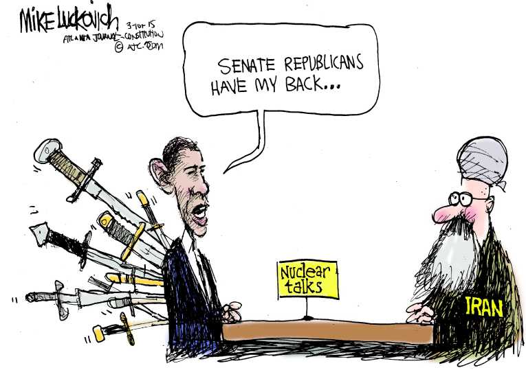 Political/Editorial Cartoon by Mike Luckovich, Atlanta Journal-Constitution on Senate Republicans Warn Iran