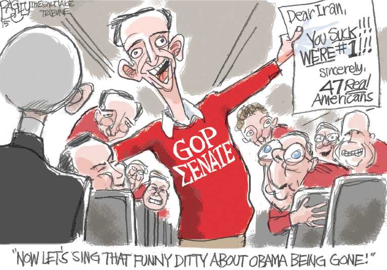 Political/Editorial Cartoon by Pat Bagley, Salt Lake Tribune on Senate Republicans Warn Iran
