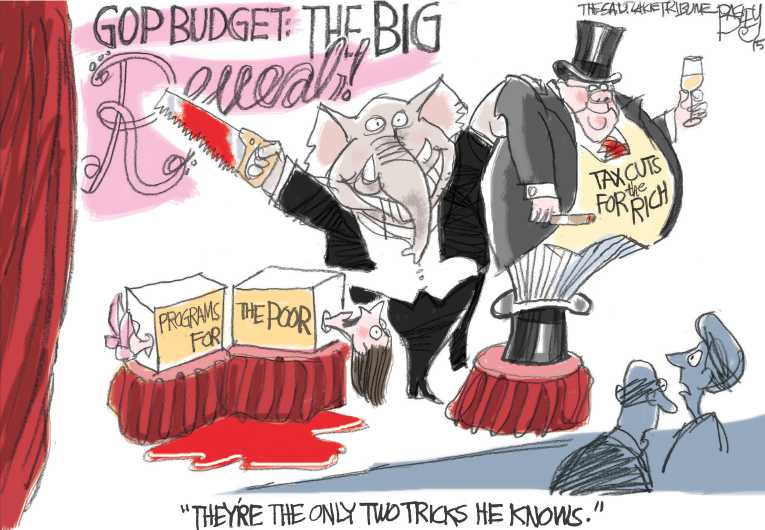 Political/Editorial Cartoon by Pat Bagley, Salt Lake Tribune on Republicans Unveil Budget