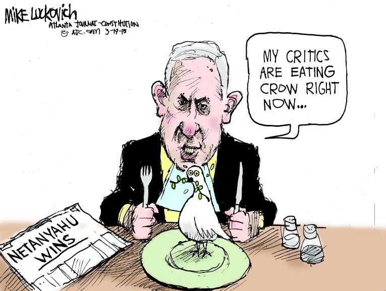 Political/Editorial Cartoon by Mike Luckovich, Atlanta Journal-Constitution on Netanyahu Recants