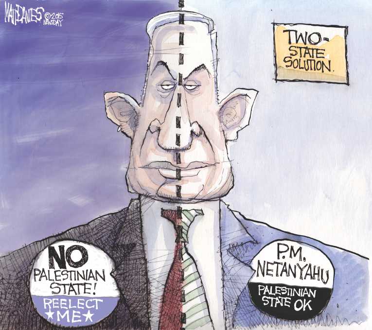 Political/Editorial Cartoon by Matt Davies, Journal News on Netanyahu Recants