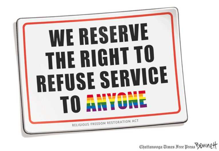 Political/Editorial Cartoon by Clay Bennett, Chattanooga Times Free Press on Indiana Legalizes Discrimination