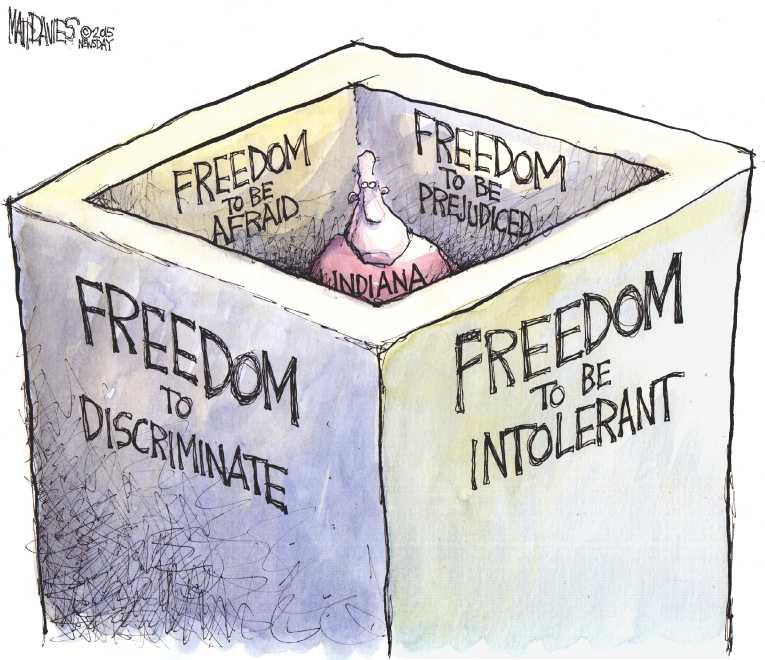 Political/Editorial Cartoon by Matt Davies, Journal News on Indiana Legalizes Discrimination