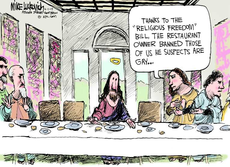 Political/Editorial Cartoon by Mike Luckovich, Atlanta Journal-Constitution on Indiana Legalizes Discrimination