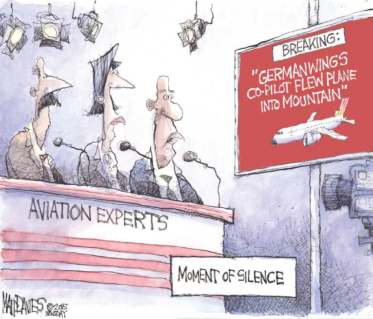 Political/Editorial Cartoon by Matt Davies, Journal News on Co-Pilot Intentionally Crashes Jet