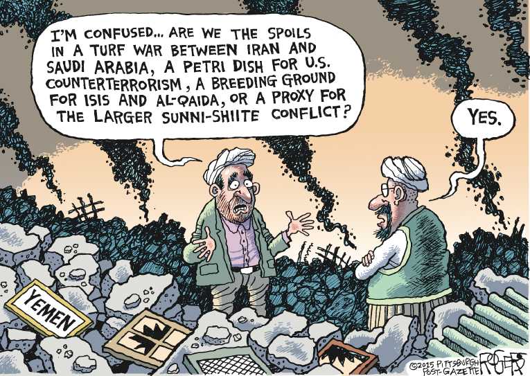 Political/Editorial Cartoon by Rob Rogers, The Pittsburgh Post-Gazette on Saudi Arabia Bombing Yemen
