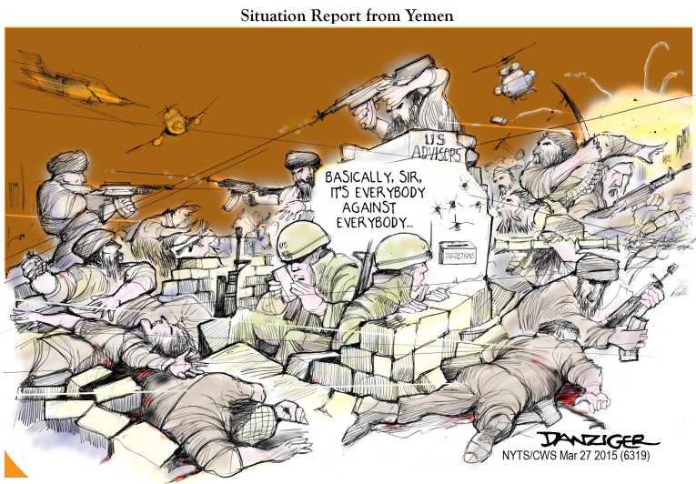 Political/Editorial Cartoon by Jeff Danziger, CWS/CartoonArts Intl. on Saudi Arabia Bombing Yemen