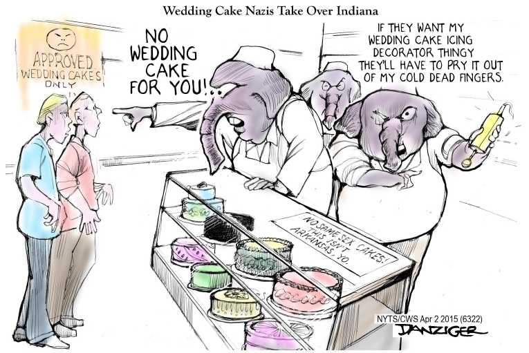 Political/Editorial Cartoon by John Darkow, Columbia Daily Tribune, Missouri on Indiana Revises Discrimination Law