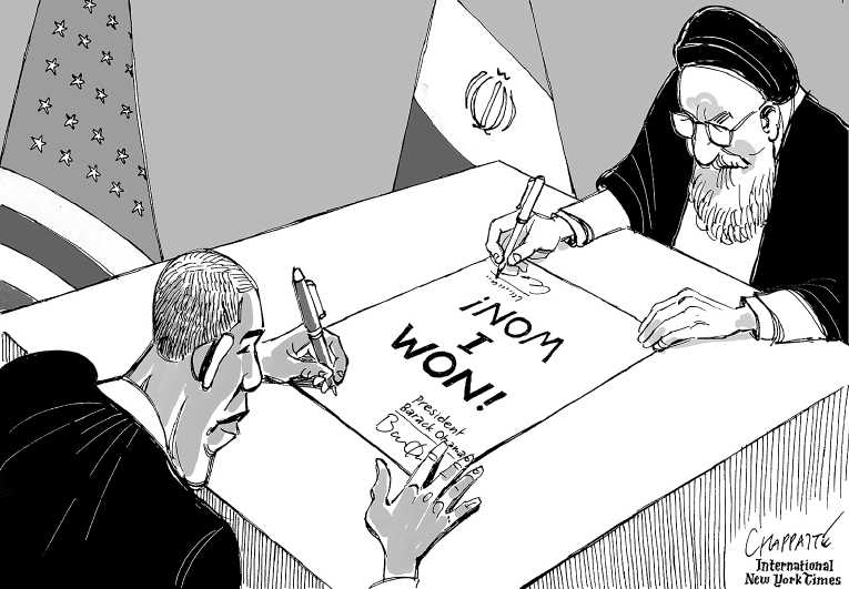 Political/Editorial Cartoon by Patrick Chappatte, International Herald Tribune on Nuke Deal Reached With Iran
