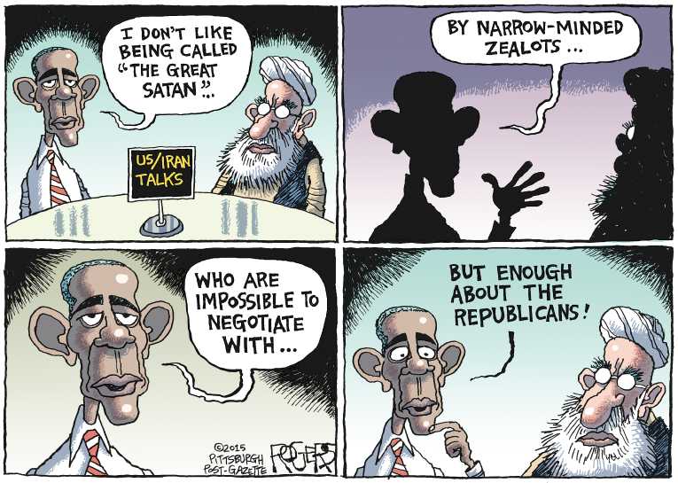 Political/Editorial Cartoon by Rob Rogers, The Pittsburgh Post-Gazette on Nuke Deal Reached With Iran