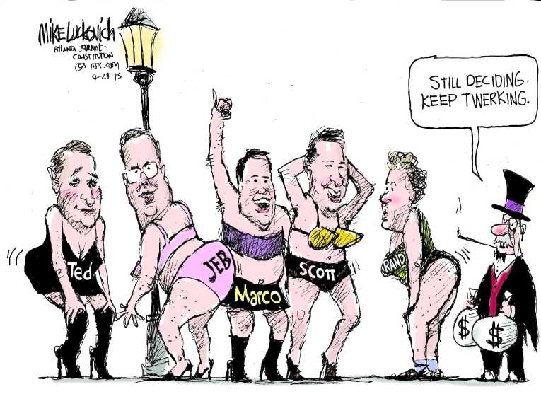 Political/Editorial Cartoon by Mike Luckovich, Atlanta Journal-Constitution on Candidates Jockey for Funding