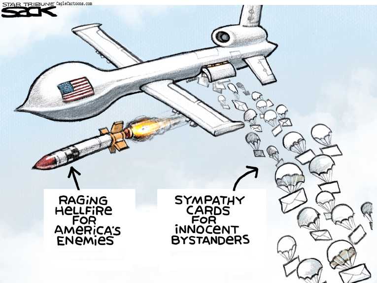 Political/Editorial Cartoon by Pat Bagley, Salt Lake Tribune on Drone Attack Kills Americans