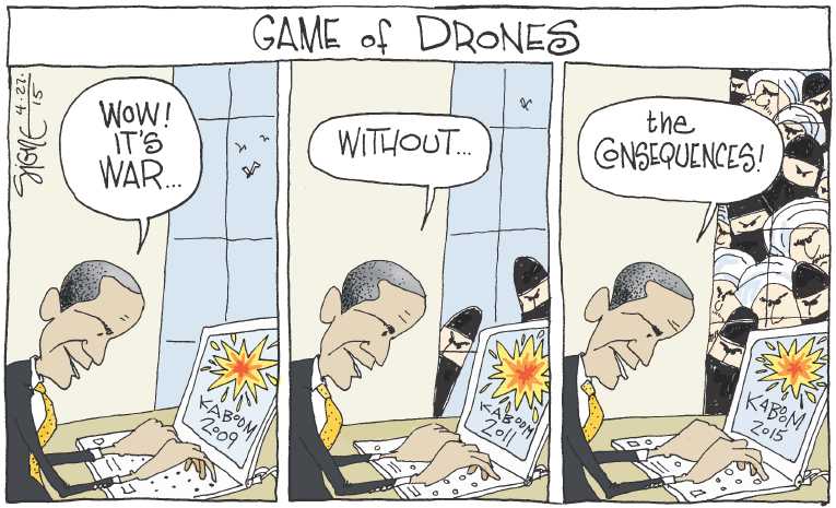 Political/Editorial Cartoon by Signe Wilkinson, Philadelphia Daily News on Drone Attack Kills Americans