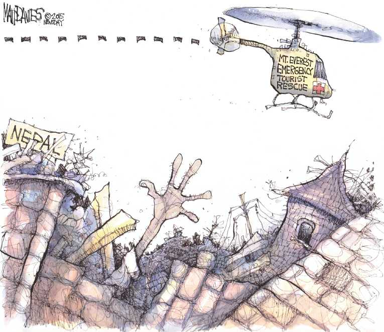 Political/Editorial Cartoon by Matt Davies, Journal News on Massive Quake Shatters Nepal