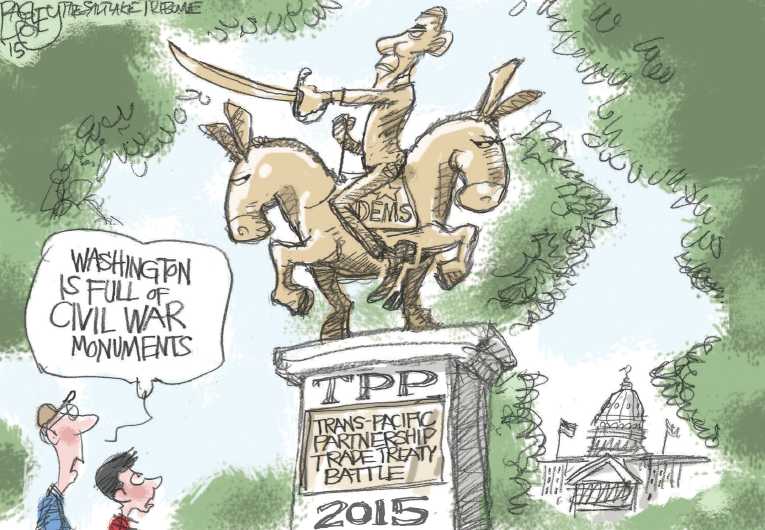 Political/Editorial Cartoon by Pat Bagley, Salt Lake Tribune on Obama Pushing Trade Bill