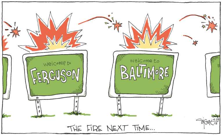 Political/Editorial Cartoon by Signe Wilkinson, Philadelphia Daily News on Baltimore Explodes
