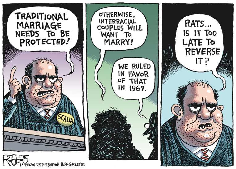 Political/Editorial Cartoon by Rob Rogers, The Pittsburgh Post-Gazette on Court to Rule on Gay Marriage