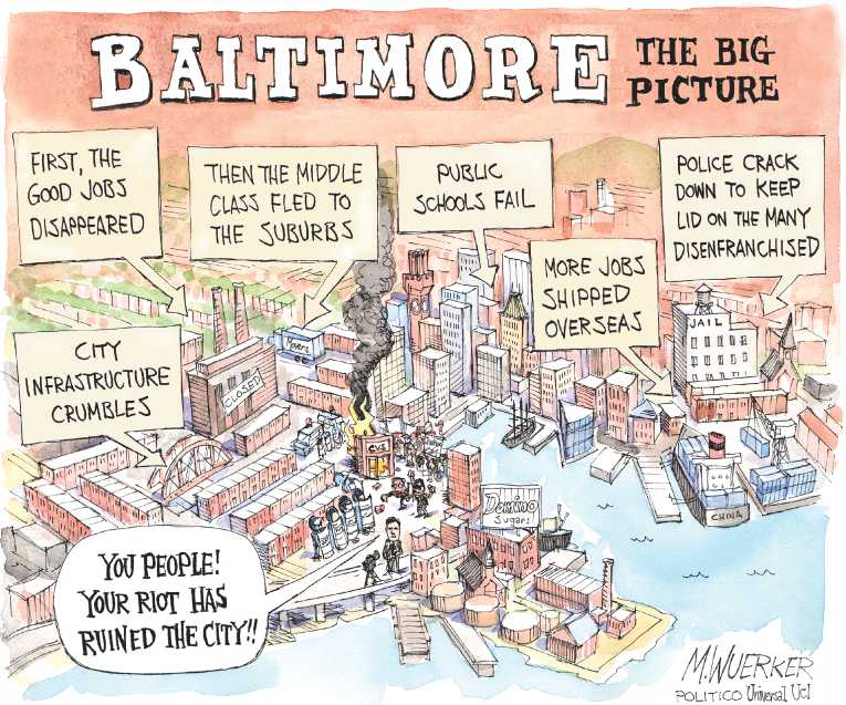 Political/Editorial Cartoon by Matt Wuerker, Politico on Baltimore Erupts