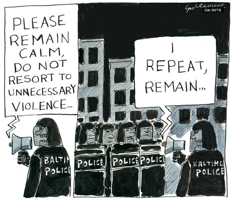Political/Editorial Cartoon by Gary Clement, National Post, Toronto, Canada on Baltimore Erupts