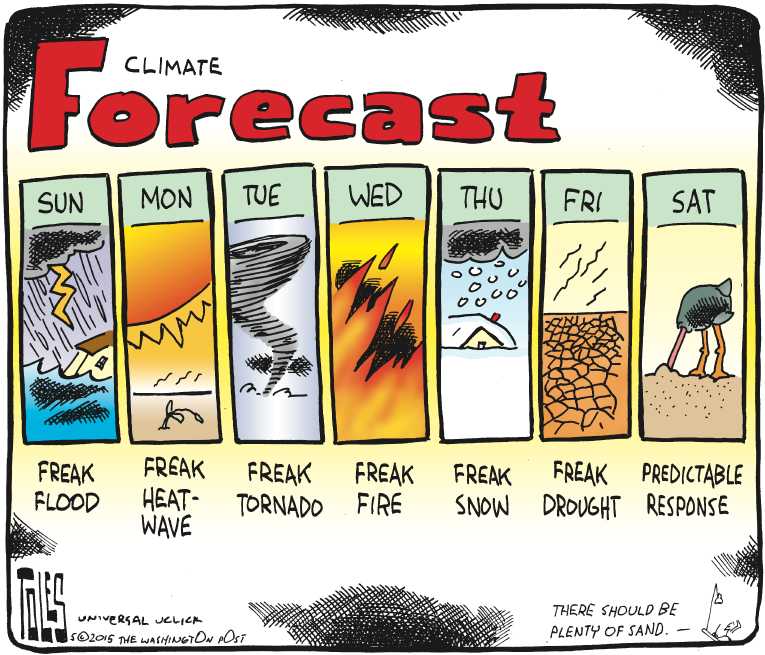 Political/Editorial Cartoon by Tom Toles, Washington Post on Climate Debate Ends
