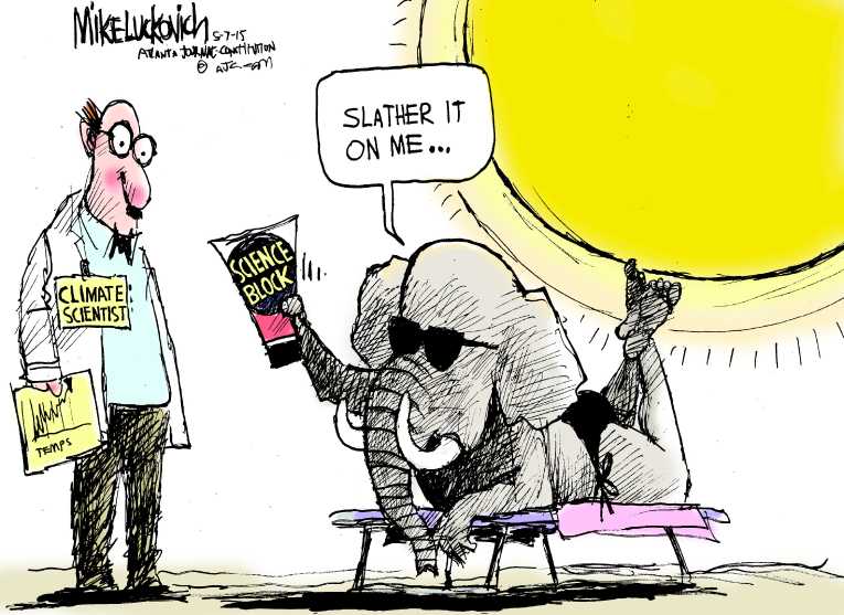 Political/Editorial Cartoon by Mike Luckovich, Atlanta Journal-Constitution on Climate Debate Ends