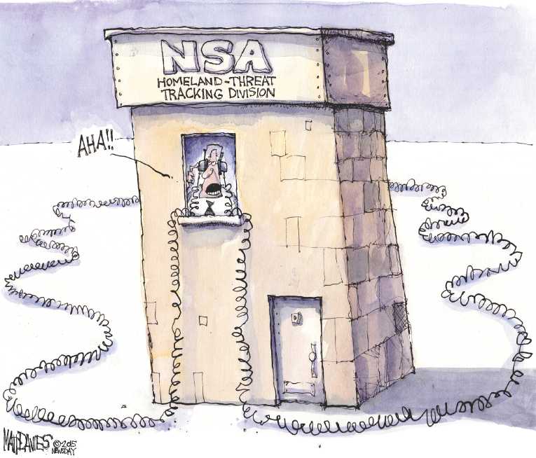 Political/Editorial Cartoon by Matt Davies, Journal News on NSA Going Too far, Court Rules