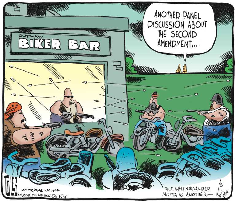 Political/Editorial Cartoon by Tom Toles, Washington Post on 9 Killed in Biker Shootout