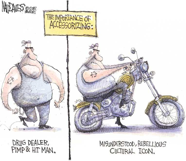 Political/Editorial Cartoon by Matt Davies, Journal News on 9 Killed in Biker Shootout