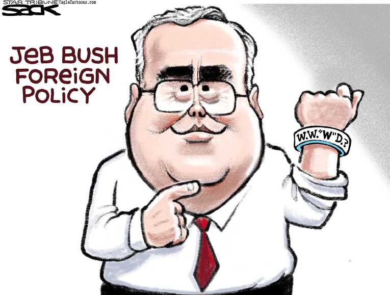 Political/Editorial Cartoon by Steve Sack, Minneapolis Star Tribune on Jeb Bush Stumbles Over Iraq