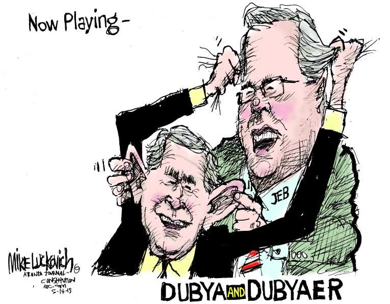 Political/Editorial Cartoon by Mike Luckovich, Atlanta Journal-Constitution on Jeb Bush Stumbles Over Iraq