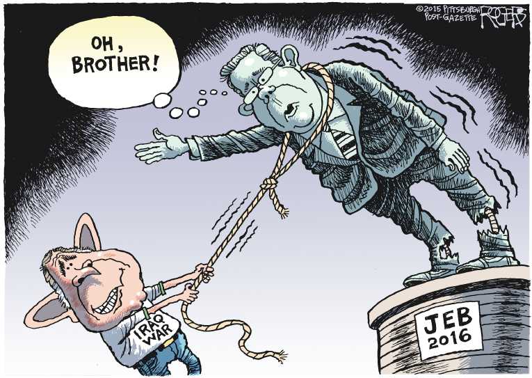 Political/Editorial Cartoon by Rob Rogers, The Pittsburgh Post-Gazette on Jeb Bush Stumbles Over Iraq