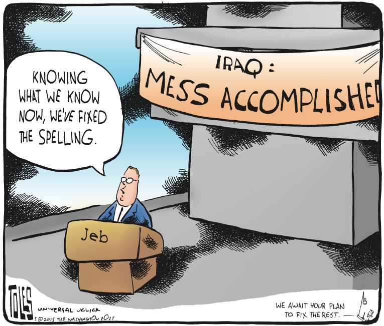 Political/Editorial Cartoon by Tom Toles, Washington Post on Jeb Bush Stumbles Over Iraq